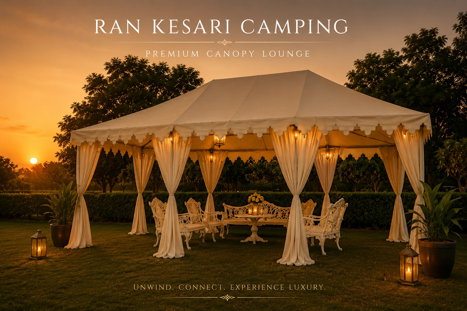 Premium canopy lounge at golden hour