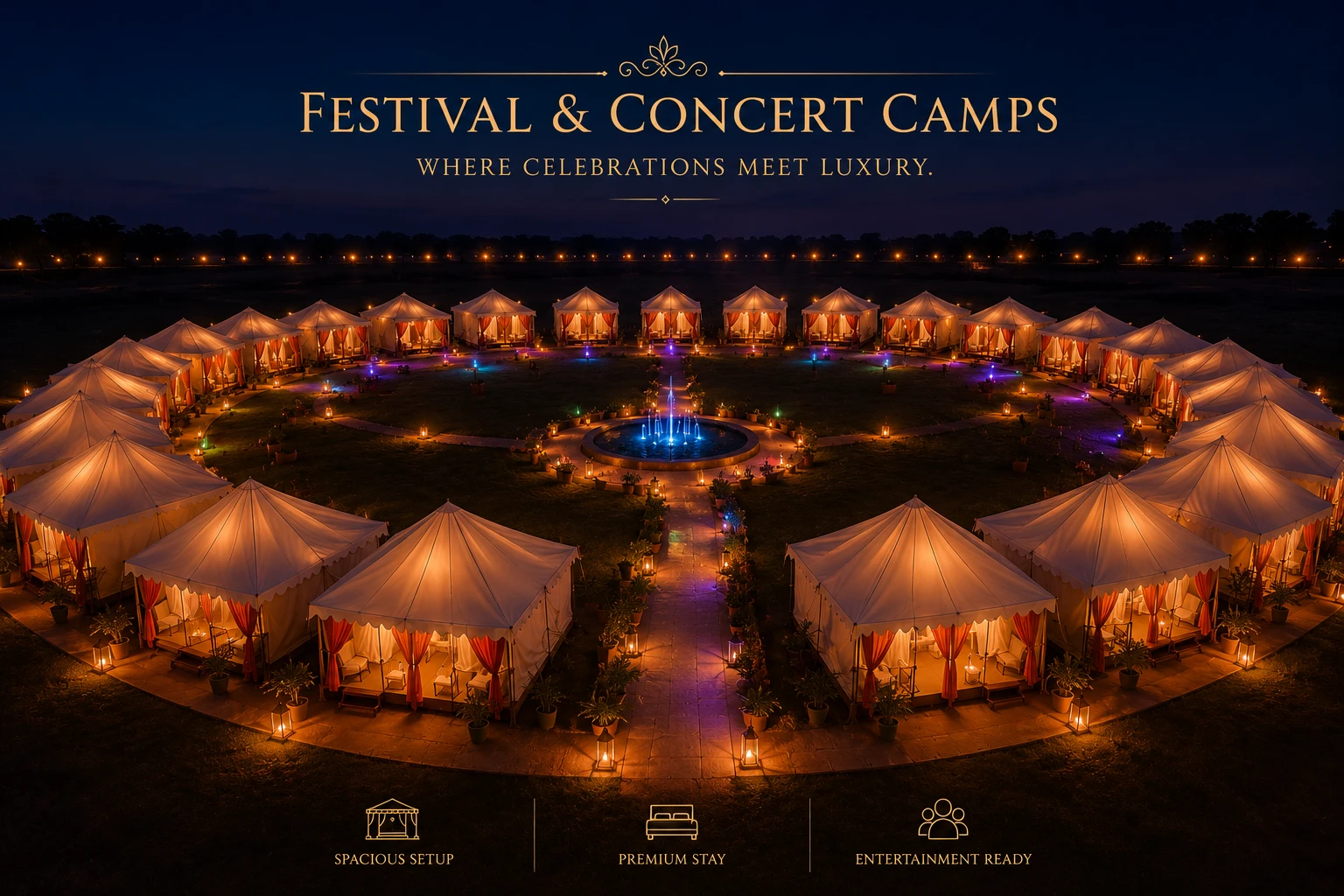Aerial festival camp with fountain
