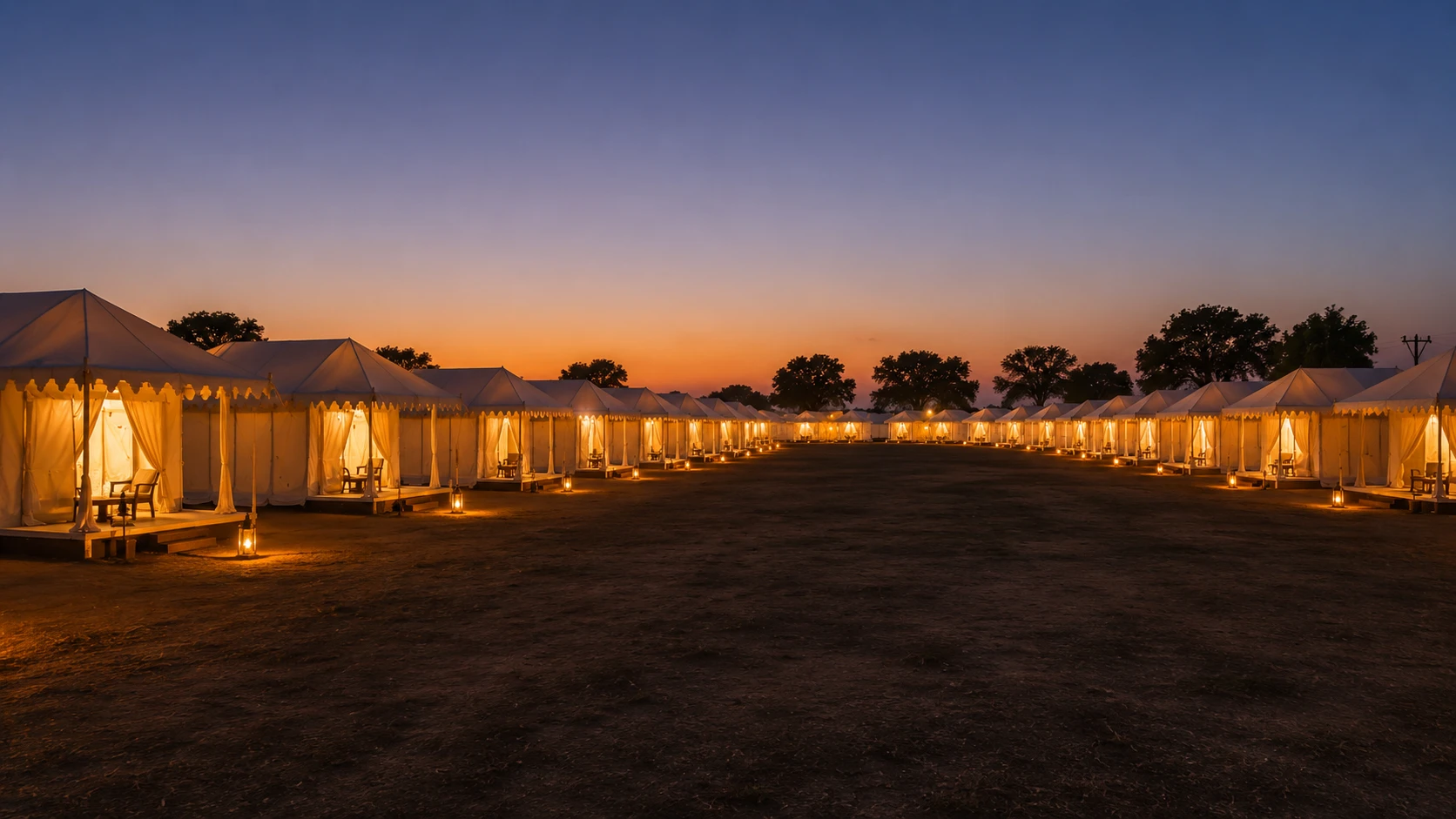 Luxury tent city at twilight