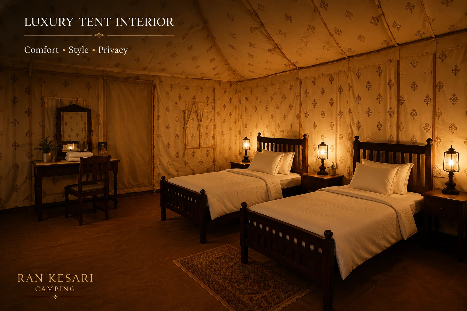 Luxury tent interior with twin beds